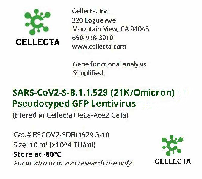 Cellecta SARS-CoV2-S-B.1.1.529 (21K/Omicron) Pseudotyped GFP Lentivirus RSCOV2-SDB11529G-10