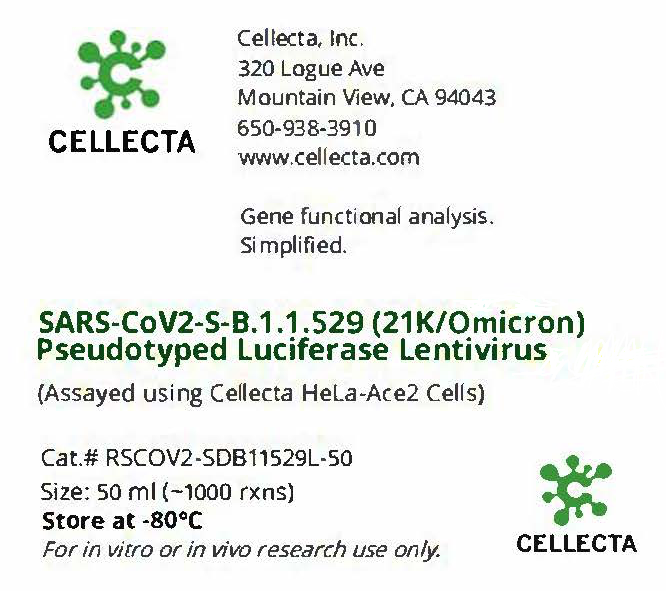 Cellecta SARS-CoV2-S-B.1.1.529 (21L/Omicron) Pseudotyped Luciferase Lentivirus RSCOV2-SDB11529L-50