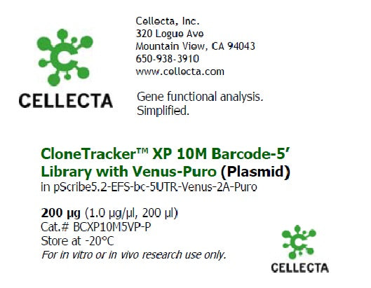 Cellecta CloneTracker XP 10M Barcode-5' Library with Venus-Puro (Plasmid) BCXP10M5VP-P