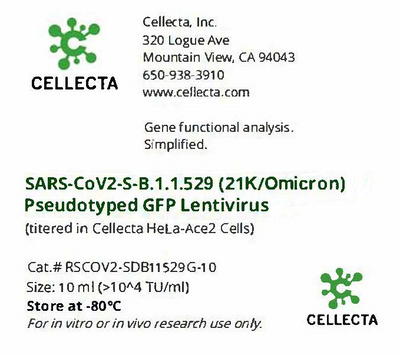 Cellecta SARS-CoV2-S-B.1.1.529 (21K/Omicron) Pseudotyped GFP Lentivirus RSCOV2-SDB11529G-10