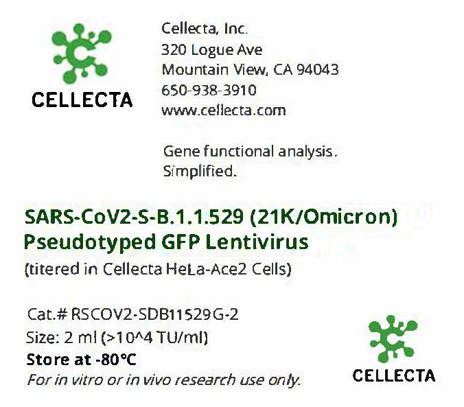 Cellecta SARS-CoV2-S-B.1.1.529 (21K/Omicron) Pseudotyped GFP Lentivirus RSCOV2-SDB11529G-2