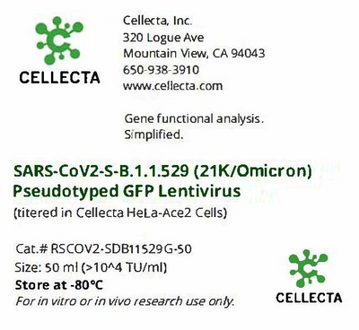 Cellecta SARS-CoV-S-B.1.1.529 (21K/Omicron) Pseudotyped GFP Lentivirus RSCOV2-SDB11529G-50