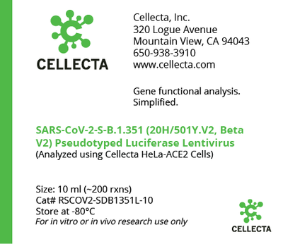 Cellecta SARS-CoV-2-S-B.1.351 (20H/501Y.V2, Beta V2) Psuedotyped Luciferase Lentivirus RSCOV2-SDB1351L-10