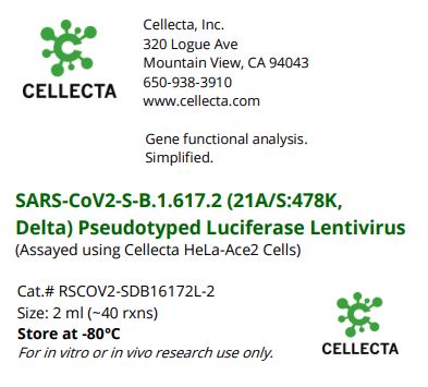 Cellecta SARS-CoV2-S-B.1.617.2 (21A/S:478K, Delta) Pseudotyped Luciferase Lentivirus RSCOV2-SDB16172L-2