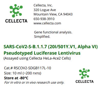 Cellecta SARS-CoV2-S-B.1.1.7 (20I, 501Y.V1, Alpha VI) Pseudotyped Luciferase Lentivirus RSCOV2-SDGB117L-10