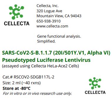 Cellecta SARS-CoV2-S-B.1.1.7 (20I, 501Y, V1, Alpha VI) Pseudotyped Luciferase Lentivirus RSCOV2-SDGB117L-2