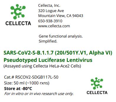 Cellecta SARS-CoV2-B.1.1.7 (20I/501Y.V1, Alpha VI) Pseudotyped Luciferase Lentivirus RSCOV2-SDGB117L-50